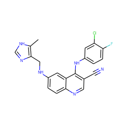 Cc1[nH]cnc1CNc1ccc2ncc(C#N)c(Nc3ccc(F)c(Cl)c3)c2c1 ZINC000028604186