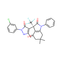 Cc1[nH]n(-c2cccc(Cl)c2)c(=O)c1[C@@]1(C(F)(F)F)C(=O)N(c2ccccc2)C2=C1C(=O)CC(C)(C)C2 ZINC000049878632