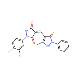 Cc1[nH]n(-c2ccccc2)c(=O)c1/C=C1/C(=O)NN(c2ccc(F)c(Cl)c2)C1=O ZINC000015987958