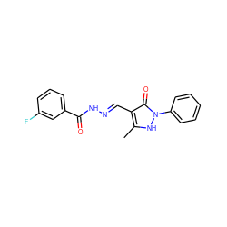 Cc1[nH]n(-c2ccccc2)c(=O)c1/C=N/NC(=O)c1cccc(F)c1 ZINC000169330566