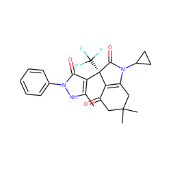 Cc1[nH]n(-c2ccccc2)c(=O)c1[C@@]1(C(F)(F)F)C(=O)N(C2CC2)C2=C1C(=O)CC(C)(C)C2 ZINC000040894626