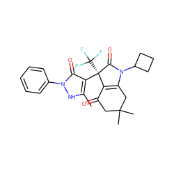 Cc1[nH]n(-c2ccccc2)c(=O)c1[C@@]1(C(F)(F)F)C(=O)N(C2CCC2)C2=C1C(=O)CC(C)(C)C2 ZINC000040897723