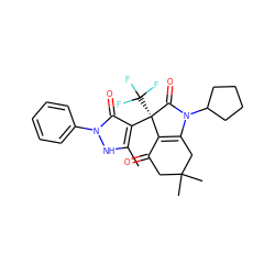 Cc1[nH]n(-c2ccccc2)c(=O)c1[C@@]1(C(F)(F)F)C(=O)N(C2CCCC2)C2=C1C(=O)CC(C)(C)C2 ZINC000040949617