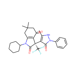 Cc1[nH]n(-c2ccccc2)c(=O)c1[C@@]1(C(F)(F)F)C(=O)N(C2CCCCC2)C2=C1C(=O)CC(C)(C)C2 ZINC000040951831