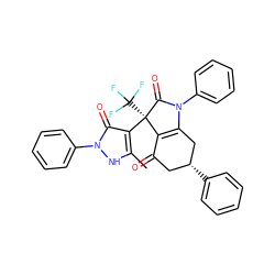 Cc1[nH]n(-c2ccccc2)c(=O)c1[C@@]1(C(F)(F)F)C(=O)N(c2ccccc2)C2=C1C(=O)C[C@@H](c1ccccc1)C2 ZINC000042890849