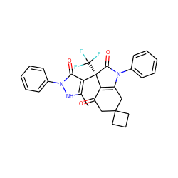 Cc1[nH]n(-c2ccccc2)c(=O)c1[C@@]1(C(F)(F)F)C(=O)N(c2ccccc2)C2=C1C(=O)CC1(CCC1)C2 ZINC000040422140