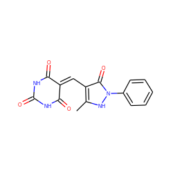 Cc1[nH]n(-c2ccccc2)c(=O)c1C=C1C(=O)NC(=O)NC1=O ZINC000100466856