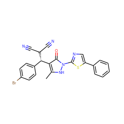 Cc1[nH]n(-c2ncc(-c3ccccc3)s2)c(=O)c1[C@H](c1ccc(Br)cc1)C(C#N)C#N ZINC000013151868