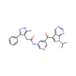 Cc1[nH]nc(-c2ccccc2)c1CC(=O)Nc1cncc(C(=O)c2cn(C(C)C)c3ncncc23)c1 ZINC000261186738