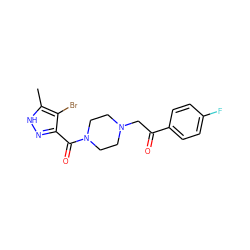 Cc1[nH]nc(C(=O)N2CCN(CC(=O)c3ccc(F)cc3)CC2)c1Br ZINC000058574693