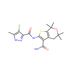 Cc1[nH]nc(C(=O)Nc2sc3c(c2C(N)=O)CC(C)(C)OC3(C)C)c1Cl ZINC001772630881