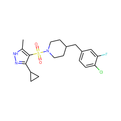 Cc1[nH]nc(C2CC2)c1S(=O)(=O)N1CCC(Cc2ccc(Cl)c(F)c2)CC1 ZINC000223044993