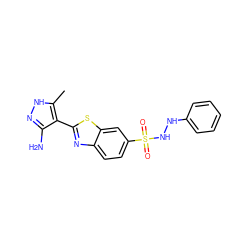 Cc1[nH]nc(N)c1-c1nc2ccc(S(=O)(=O)NNc3ccccc3)cc2s1 ZINC000653764984