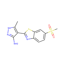 Cc1[nH]nc(N)c1-c1nc2ccc(S(C)(=O)=O)cc2s1 ZINC000114399510