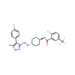 Cc1[nH]nc(NC[C@H]2CC[C@H](NC(=O)c3cc(C(F)(F)F)ccc3Cl)CC2)c1-c1ccc(Cl)cc1 ZINC000261072211