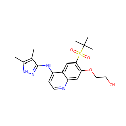 Cc1[nH]nc(Nc2ccnc3cc(OCCO)c(S(=O)(=O)C(C)(C)C)cc23)c1C ZINC000202150560