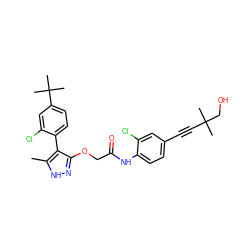 Cc1[nH]nc(OCC(=O)Nc2ccc(C#CC(C)(C)CO)cc2Cl)c1-c1ccc(C(C)(C)C)cc1Cl ZINC000040915244