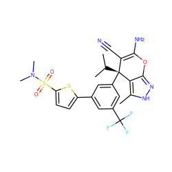 Cc1[nH]nc2c1[C@@](c1cc(-c3ccc(S(=O)(=O)N(C)C)s3)cc(C(F)(F)F)c1)(C(C)C)C(C#N)=C(N)O2 ZINC001772640715