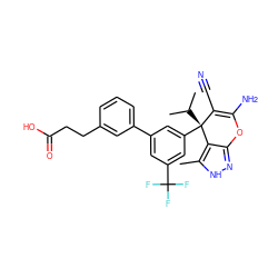 Cc1[nH]nc2c1[C@@](c1cc(-c3cccc(CCC(=O)O)c3)cc(C(F)(F)F)c1)(C(C)C)C(C#N)=C(N)O2 ZINC001772652496