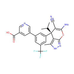 Cc1[nH]nc2c1[C@@](c1cc(-c3cncc(C(=O)O)c3)cc(C(F)(F)F)c1)(C(C)C)C(C#N)=C(N)O2 ZINC001772627659