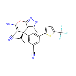 Cc1[nH]nc2c1[C@@](c1cc(C#N)cc(-c3ccc(C(F)(F)F)s3)c1)(C(C)C)C(C#N)=C(N)O2 ZINC001772617976