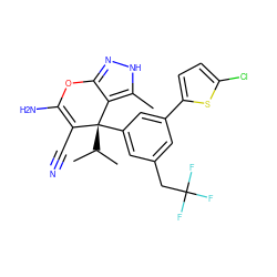 Cc1[nH]nc2c1[C@@](c1cc(CC(F)(F)F)cc(-c3ccc(Cl)s3)c1)(C(C)C)C(C#N)=C(N)O2 ZINC001772648496