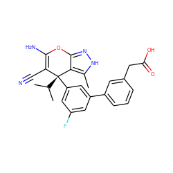 Cc1[nH]nc2c1[C@@](c1cc(F)cc(-c3cccc(CC(=O)O)c3)c1)(C(C)C)C(C#N)=C(N)O2 ZINC001772649858