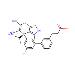 Cc1[nH]nc2c1[C@@](c1cc(F)cc(-c3cccc(CCC(=O)O)c3)c1)(C(C)C)C(C#N)=C(N)O2 ZINC001772606788