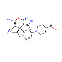 Cc1[nH]nc2c1[C@@](c1cc(F)cc(N3CCC(C(=O)O)CC3)c1)(C(C)C)C(C#N)=C(N)O2 ZINC001772604885