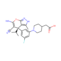 Cc1[nH]nc2c1[C@@](c1cc(F)cc(N3CCC(CC(=O)O)CC3)c1)(C(C)C)C(C#N)=C(N)O2 ZINC001772579616