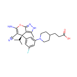 Cc1[nH]nc2c1[C@@](c1cc(F)cc(N3CCC(CCC(=O)O)CC3)c1)(C(C)C)C(C#N)=C(N)O2 ZINC001772627831