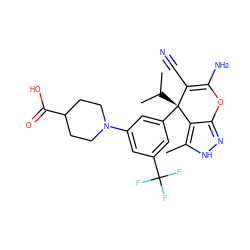 Cc1[nH]nc2c1[C@@](c1cc(N3CCC(C(=O)O)CC3)cc(C(F)(F)F)c1)(C(C)C)C(C#N)=C(N)O2 ZINC001772609479