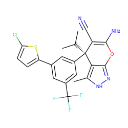 Cc1[nH]nc2c1[C@](c1cc(-c3ccc(Cl)s3)cc(C(F)(F)F)c1)(C(C)C)C(C#N)=C(N)O2 ZINC001772579370