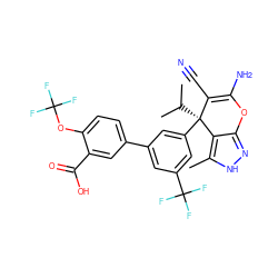 Cc1[nH]nc2c1[C@](c1cc(-c3ccc(OC(F)(F)F)c(C(=O)O)c3)cc(C(F)(F)F)c1)(C(C)C)C(C#N)=C(N)O2 ZINC001772601701