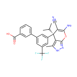 Cc1[nH]nc2c1[C@](c1cc(-c3cccc(C(=O)O)c3)cc(C(F)(F)F)c1)(C(C)C)C(C#N)=C(N)O2 ZINC001772621221