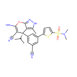 Cc1[nH]nc2c1[C@](c1cc(C#N)cc(-c3ccc(S(=O)(=O)N(C)C)s3)c1)(C(C)C)C(C#N)=C(N)O2 ZINC001772593833