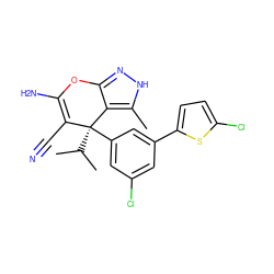 Cc1[nH]nc2c1[C@](c1cc(Cl)cc(-c3ccc(Cl)s3)c1)(C(C)C)C(C#N)=C(N)O2 ZINC001772637381