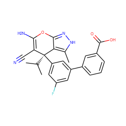 Cc1[nH]nc2c1[C@](c1cc(F)cc(-c3cccc(C(=O)O)c3)c1)(C(C)C)C(C#N)=C(N)O2 ZINC001772603928