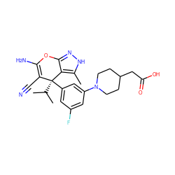 Cc1[nH]nc2c1[C@](c1cc(F)cc(N3CCC(CC(=O)O)CC3)c1)(C(C)C)C(C#N)=C(N)O2 ZINC001772579615