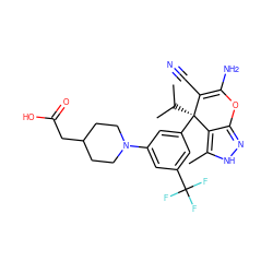 Cc1[nH]nc2c1[C@](c1cc(N3CCC(CC(=O)O)CC3)cc(C(F)(F)F)c1)(C(C)C)C(C#N)=C(N)O2 ZINC001772626924