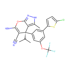 Cc1[nH]nc2c1[C@](c1cc(OC(F)(F)F)cc(-c3ccc(Cl)s3)c1)(C(C)C)C(C#N)=C(N)O2 ZINC001772622690