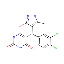 Cc1[nH]nc2c1[C@H](c1ccc(Cl)c(Cl)c1)c1c([nH]c(=O)[nH]c1=O)O2 ZINC001772602306