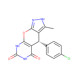 Cc1[nH]nc2c1[C@H](c1ccc(Cl)cc1)c1c([nH]c(=O)[nH]c1=O)O2 ZINC001772636591