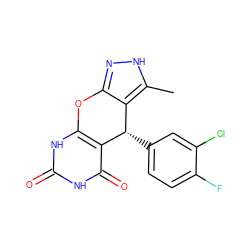 Cc1[nH]nc2c1[C@H](c1ccc(F)c(Cl)c1)c1c([nH]c(=O)[nH]c1=O)O2 ZINC001772637707