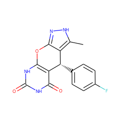 Cc1[nH]nc2c1[C@H](c1ccc(F)cc1)c1c([nH]c(=O)[nH]c1=O)O2 ZINC001772581769