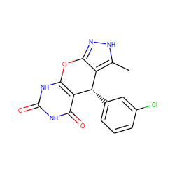 Cc1[nH]nc2c1[C@H](c1cccc(Cl)c1)c1c([nH]c(=O)[nH]c1=O)O2 ZINC001772655629