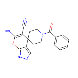 Cc1[nH]nc2c1C1(CCN(C(=O)c3ccccc3)CC1)C(C#N)=C(N)O2 ZINC000005130078