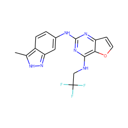 Cc1[nH]nc2cc(Nc3nc(NCC(F)(F)F)c4occc4n3)ccc12 ZINC001772620083