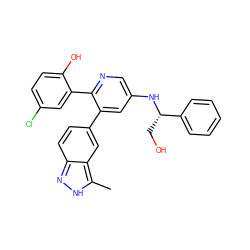 Cc1[nH]nc2ccc(-c3cc(N[C@@H](CO)c4ccccc4)cnc3-c3cc(Cl)ccc3O)cc12 ZINC001772631869