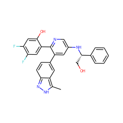 Cc1[nH]nc2ccc(-c3cc(N[C@@H](CO)c4ccccc4)cnc3-c3cc(F)c(F)cc3O)cc12 ZINC001772570704